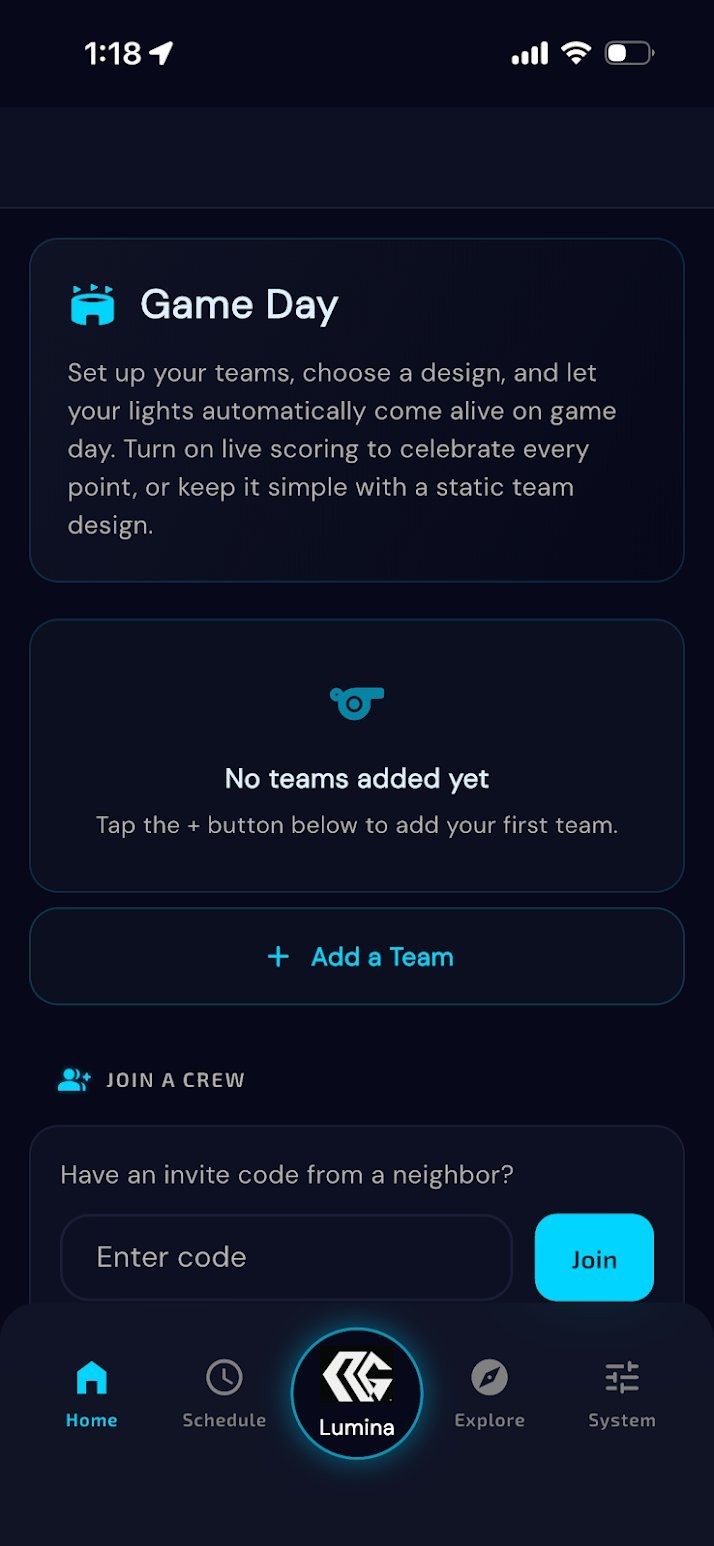 Game Day setup screen showing empty teams state with Add a Team button and Join a Crew section for entering invite codes