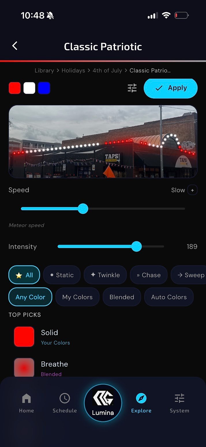 Lumina app Classic Patriotic light effect for Kansas City commercial building decorations