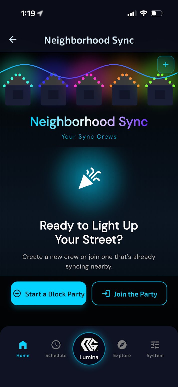Neighborhood Sync app screen showing colorful houses with sync crews interface and options to start or join a block party