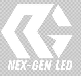 Nex-Gen LED logo with white geometric arrow design on transparent background