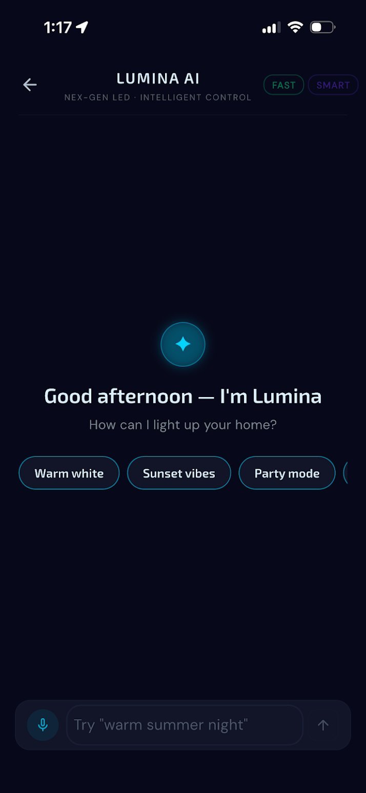 Mobile app interface for Lumina AI LED light control showing greeting, preset lighting options like Warm white and Sunset vibes, and voice command input