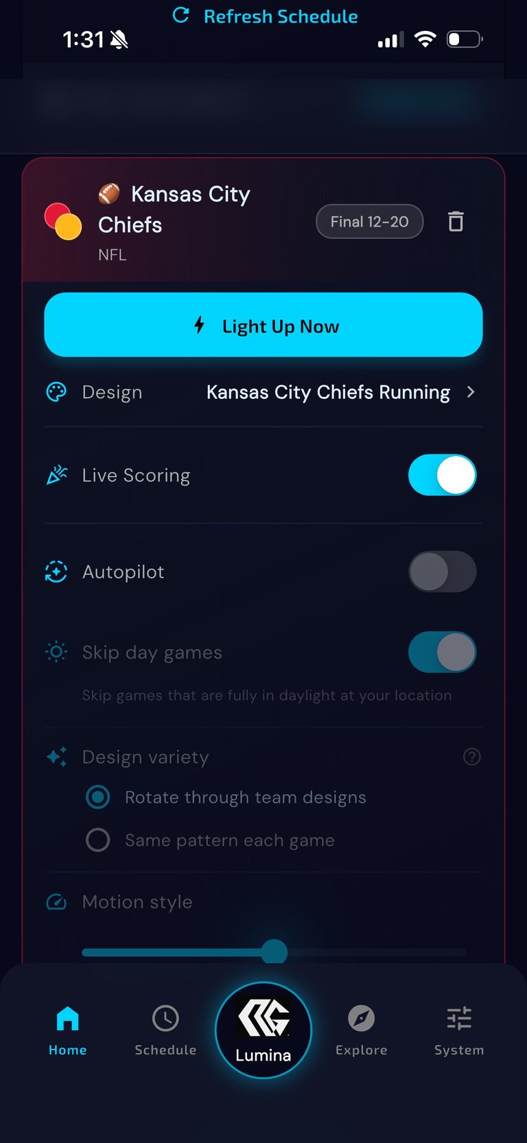 Mobile app screen showing Refresh Schedule for Kansas City Chiefs with options for Live Scoring, Autopilot, Skip day games, Design variety, and Motion style settings